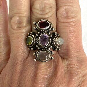 Sterling Silver 925 Garnet Peridot Multi Gemstone Cluster Statement Ring Sz 8.75